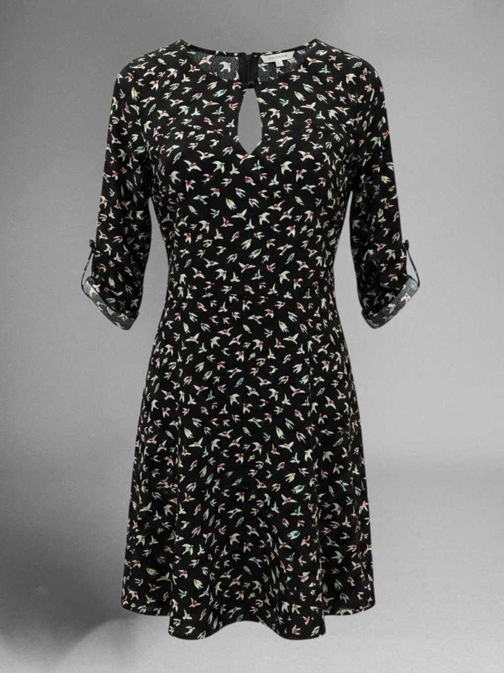 Cooperative Black Bird-Print Keyhole Long-Sleeve Dress
